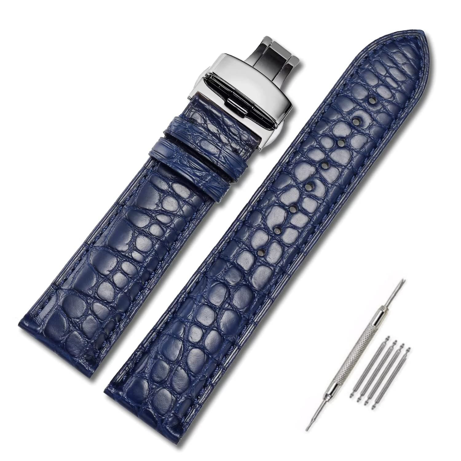 Moran Genuine Leather Band Alligator and Cowhide Replacement Deployment Buckle Watch strap18mm to 24mm Crocodile Leather Strap for Men's and Women's