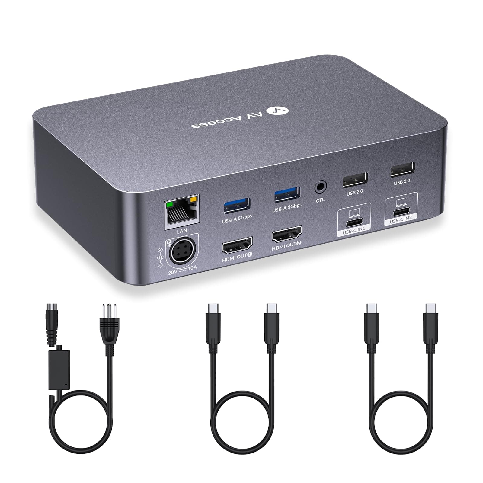 AV Access KVM Switch Dock 2 Monitors 2 Laptops, 4K KVM Switch Dual Monitor, 2 USB-C MST Ports, 60W PD for Each PC, 1G Ethernet, EDID Emulation, 2K@144Hz, 1080P@240Hz, Ideal for Home Office & Gaming