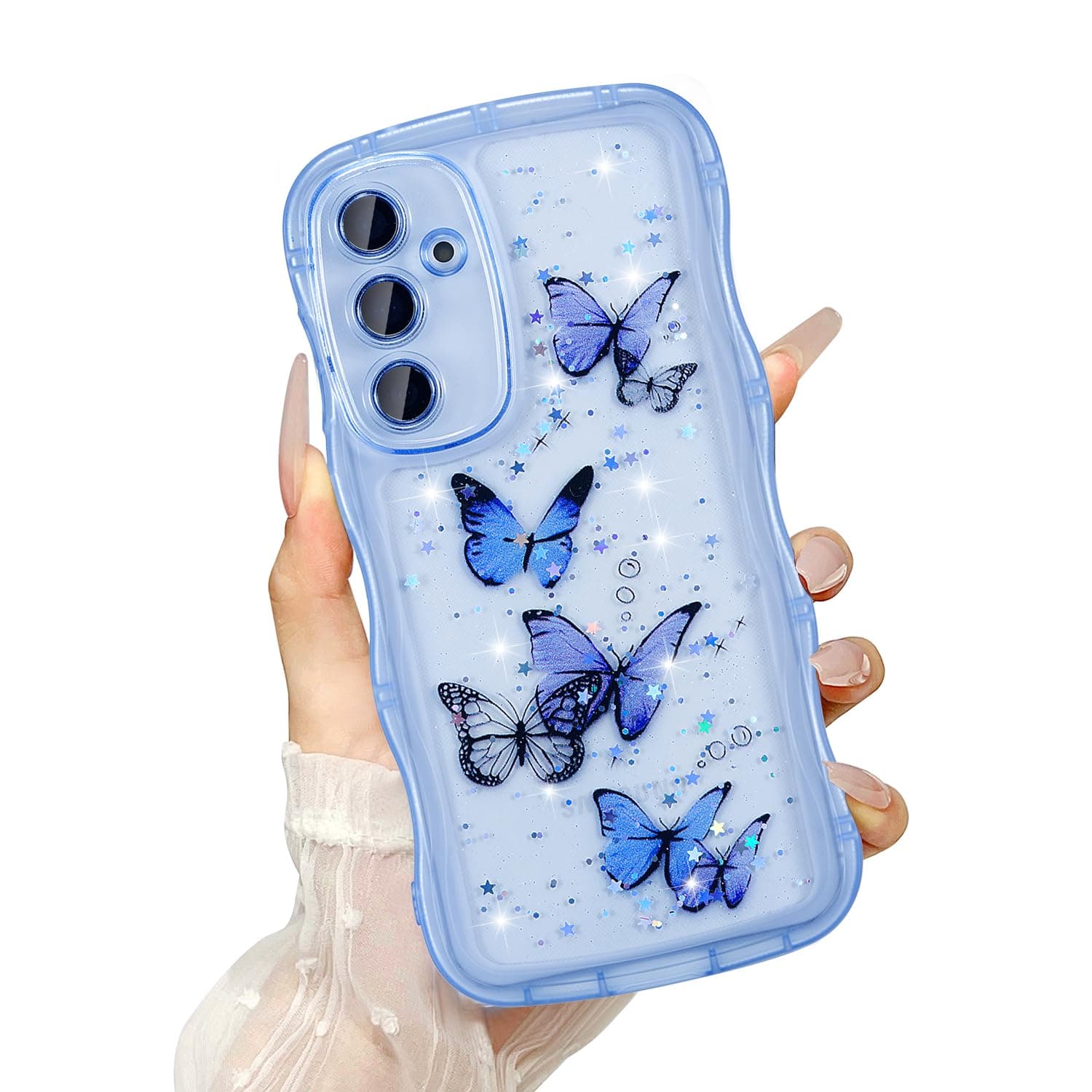 Transparent Case for Samsung Galaxy S24 5G, Curly Wave Frame Liquid Silicone Case, Butterfly Pattern Phone Cover Shockproof Bumper Cover for Girls Women, Blue