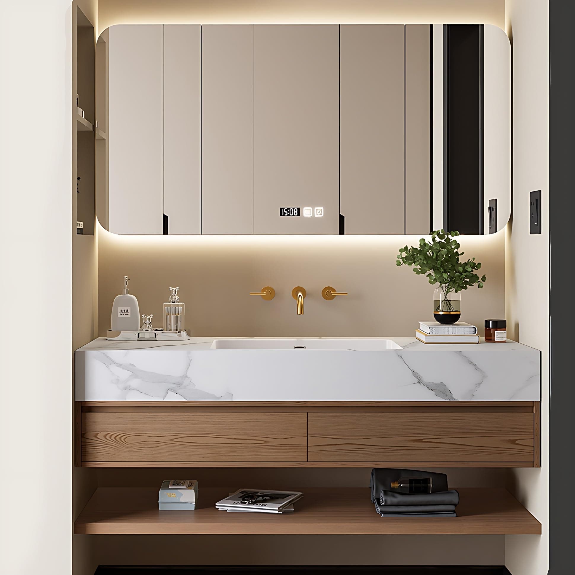 Floating Bathroom Vanity with Sink - Modern Bathroom Vanity | Includes Smart Defogging Medicine Cabinet | Multi-Layer Solid Wood | Wall Mount (Yellow, 68 in)