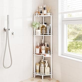 Corner Shower Caddy Standing, 4 Tier Rustproof Metal Shower Organizer with Soap Holder, Floor Shower Corner Shelf Rack Storage Stands with Adjustable Feet & 2 Hooks for Bathroom, White