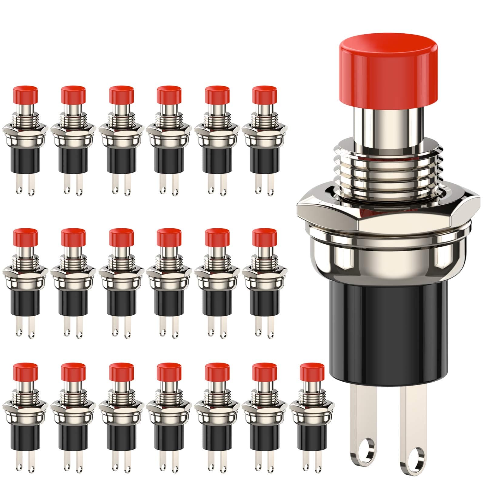 Momentary Push Button Switch, 1A 250VAC SPST Mini Pushbutton Switches Normally Open(NO) Red Cap - 20pcs