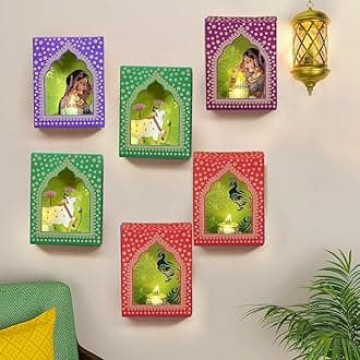 - CraftVatika Jharokha Diyas with LED Candle Diwali Decoration Items, Wall Hanging, Home Decor Items Festive Decor Item, DIY Craft Traditional Jharokha Box Set of 6