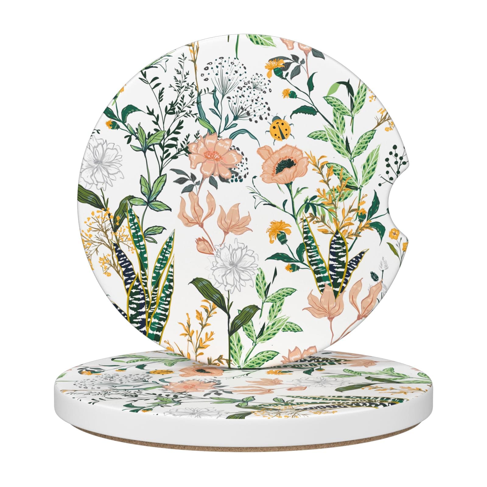 Car Cup Holder Coaster, Car Coasters for Cup Holders, 2 Pack Universal Anti Slip Insert Absorbent Ceramic Auto Interior Accessories with A Finger Notch & Cork Base, Village Road Flowers