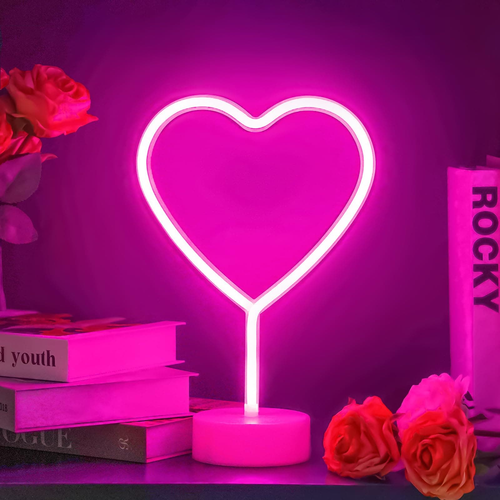 BHCLIGHT Neon Heart Light LED Neon Signs Night Light Room Decor Heart Shaped Light with Holder Base Table Neon Light for Bedroom Mother's Day Gift- Pink Heart