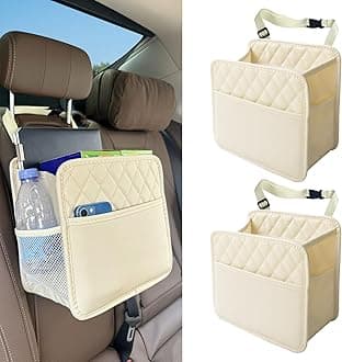 Witaxima 2 Pack Upgraded Car Seat Organizer Backseat with Storage Pockets, Multipurpose Car Organizer Hanging Car Trash Bag Premium PU Leather Garbage Can 2.14 Gallon Large Capacity Accessories Beige