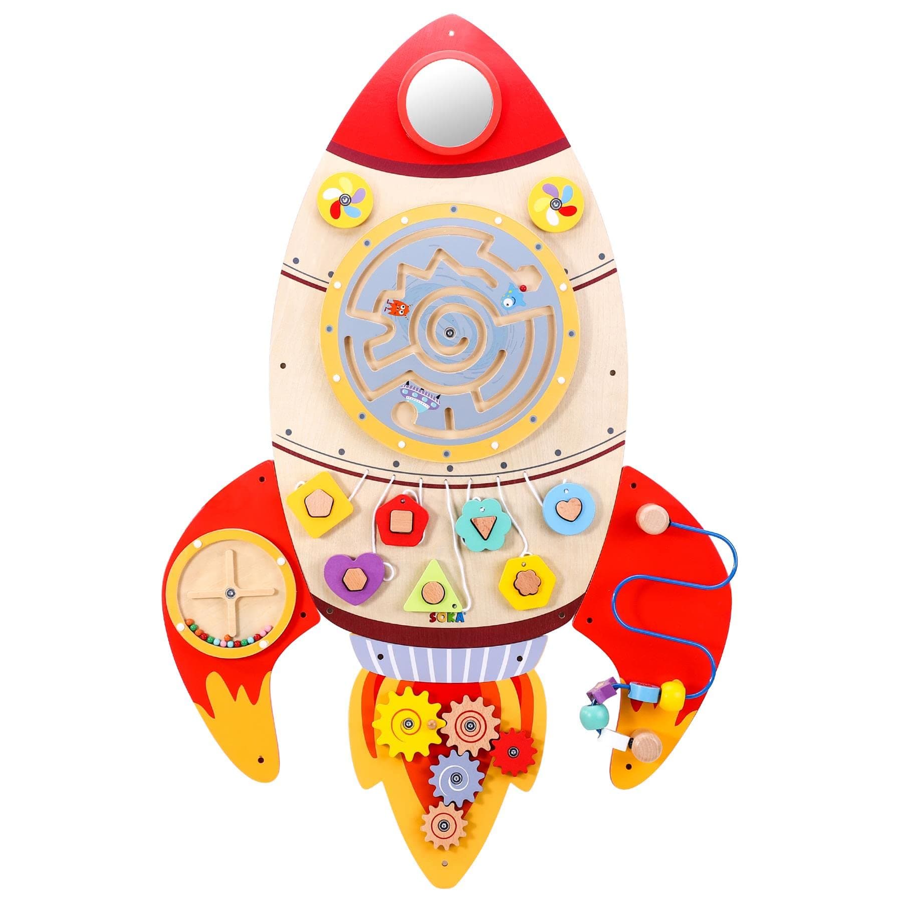 SOKA Wall Element Rocket Activity Wooden Board Fun Space Adventure Multi-Interactive Toy Shape Sorter Spinning Maze Educational Montessori for Kids Children Boy Girl Ages 3 year old +