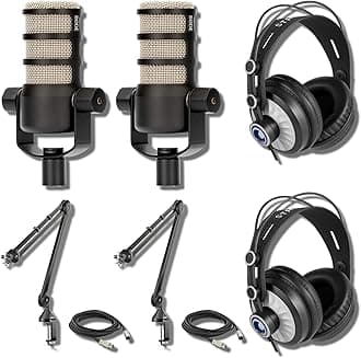 Rode PodMic Dynamic Podcasting Microphones (Pair) with Rode PSA1 Studio Microphone Arm, TH-02 Studio Graded Headphones, XLR Cables and StreamEye Polishing Cloth