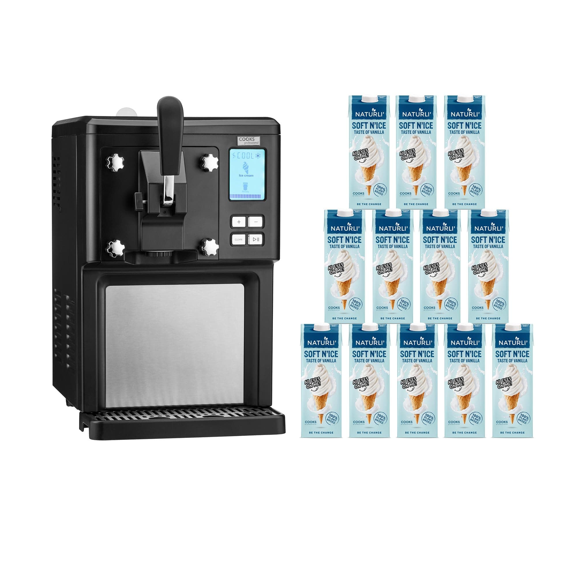 Cooks Professional Luxury Soft Serve Ice Cream Maker | 1.5L | Self-Cooling Compressor | Auto Cleaning | Digital Display | Perfect for Whippy Sundaes & Desserts | Includes 12 x 1L Dairy-Free Vegan Mix