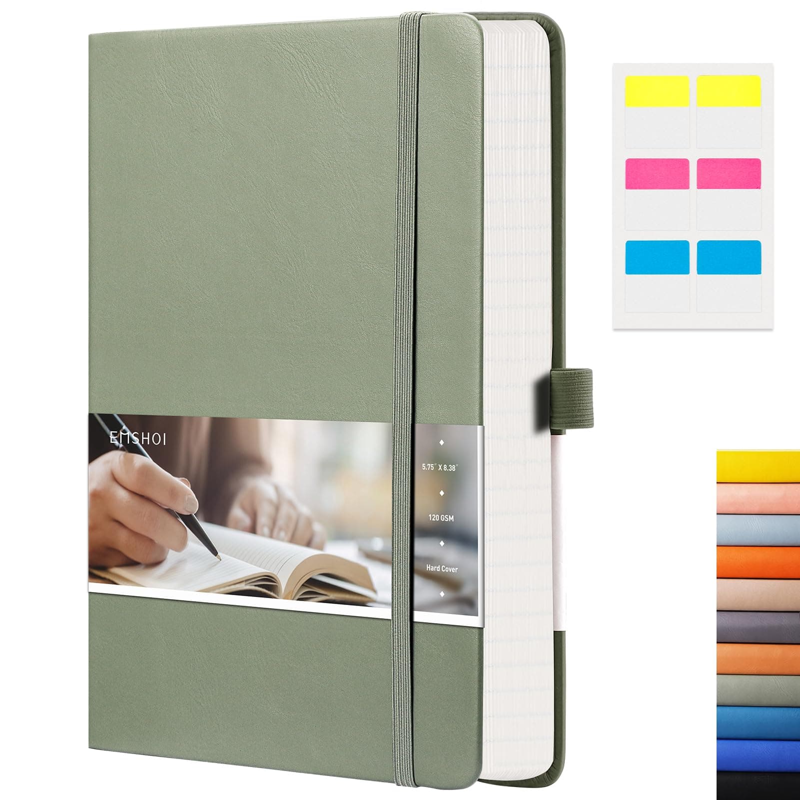 EMSHOI Graph Paper Notebook, A5 Graph Paper Journal, 256 Pages, 120gsm Cardboard, Smooth PU Leather, Inner Pocket, 5.75 x 8.38 Inches, Green