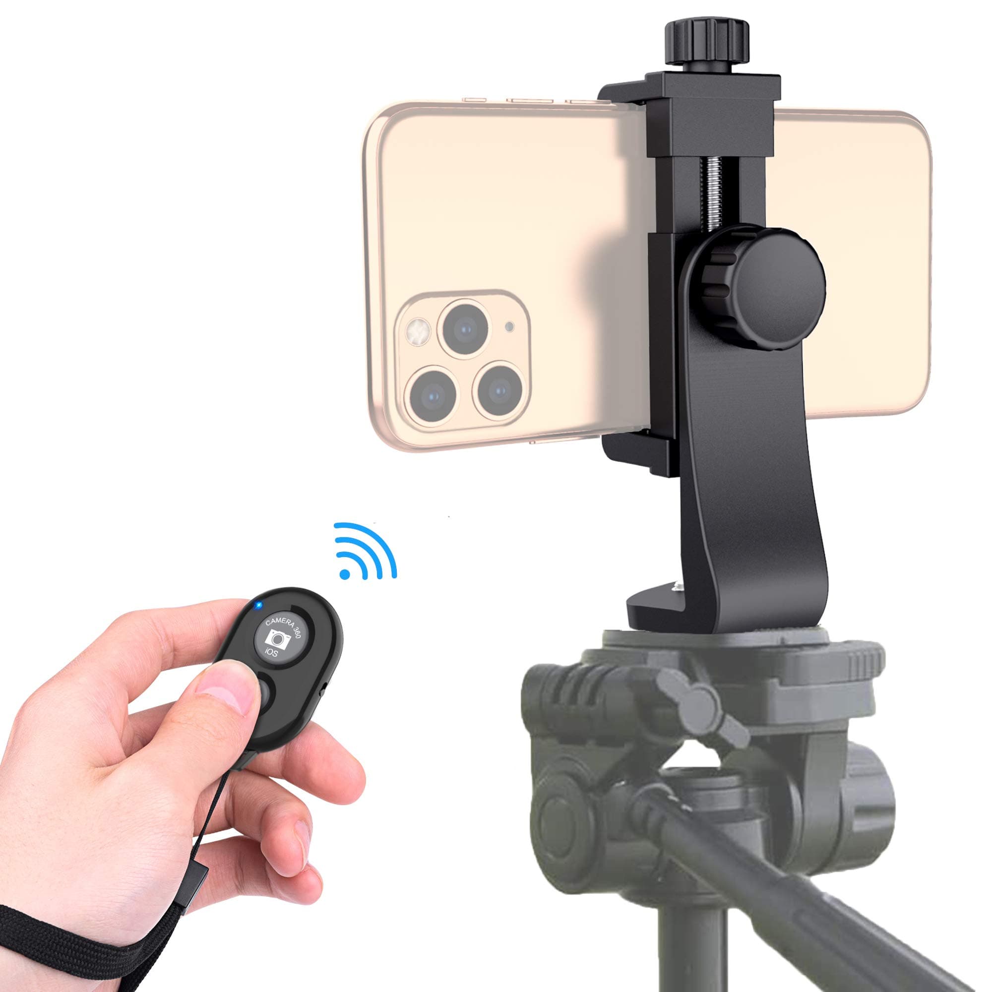 Universal Phone Tripod Mount Adapter with Ｗireless Camera Remote , Cell Phone Holder with Adjustable Clamp for Selfie Stick Monopod Compatible with iPhone, Samsung and so on , Wrist Strap Included