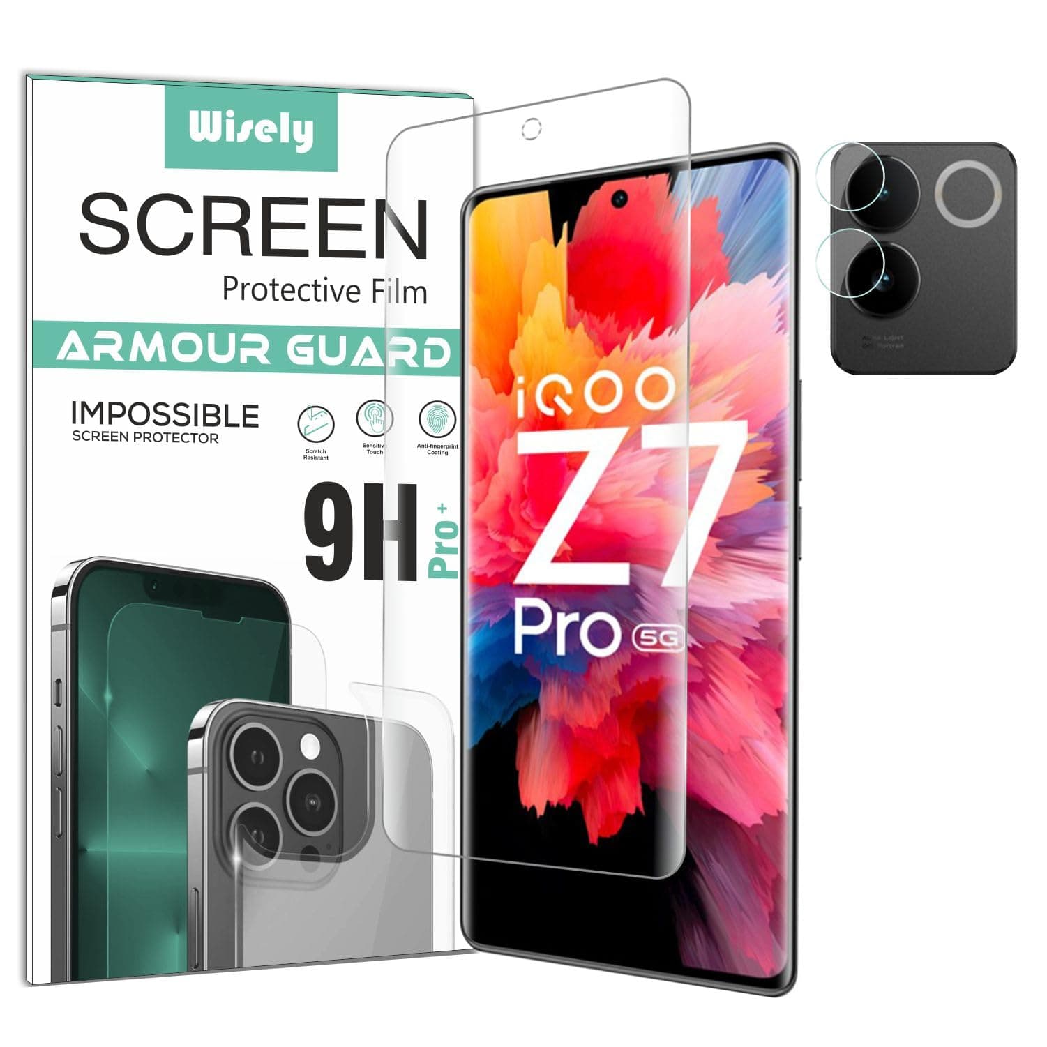 Wisely 2in1 Impossible Unbreakable Camera Lens Nano Glass + Front Guard Screen Protector for iQOO Z7 Pro 5G Anti Scratch Flexible Screen Guard HD Clear