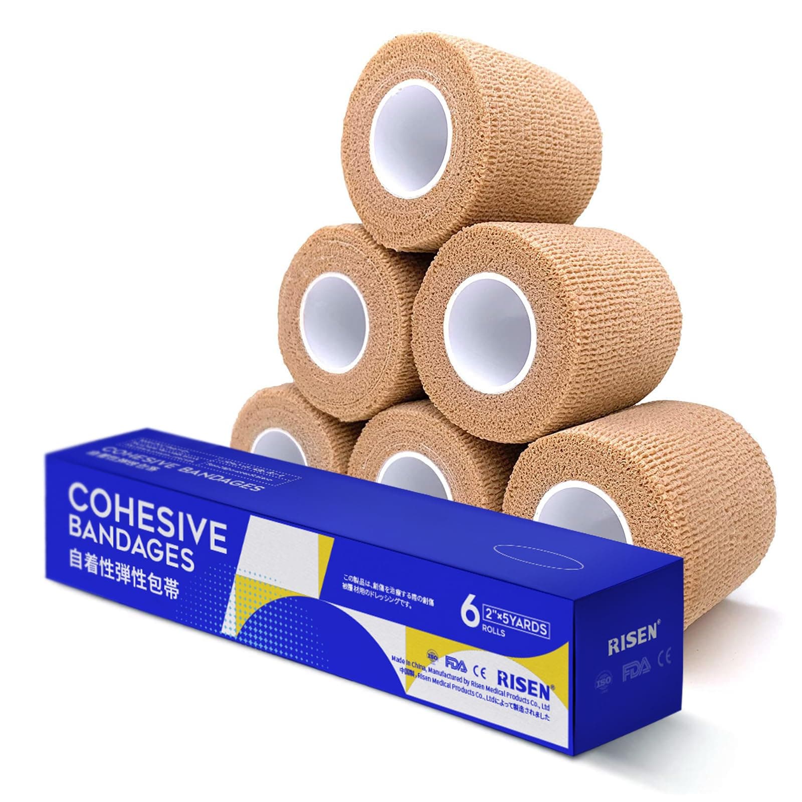 RISEN Cohesive Bandage 2” x 5 Yards, 6 Rolls, Self Adherent Wrap Medical Tape, Adhesive Flexible Breathable First Aid Gauze Ideal for Stretch Athletic