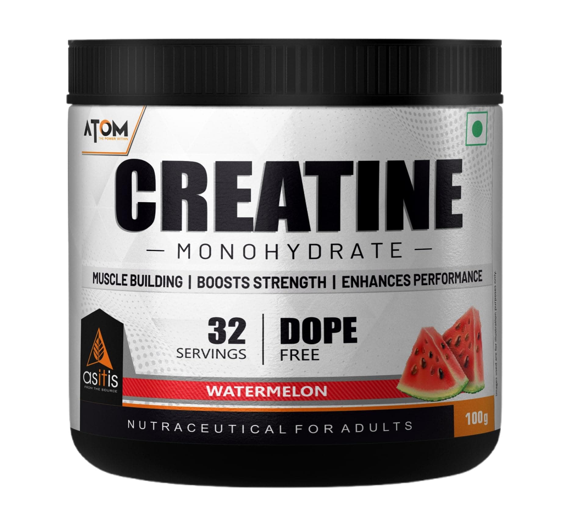 AS-IT-IS Nutrition ATOM Creatine Monohydrate Powder 100 grams - 32 Servings | Dope Free | Enhances Performance | Promotes Muscle Gains | Watermelon