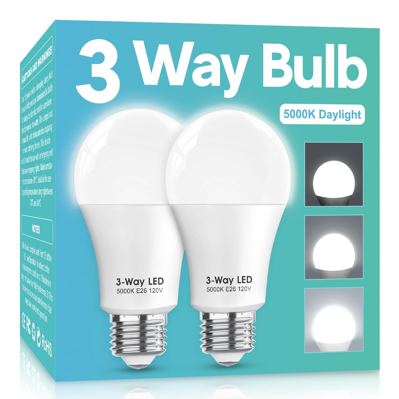 3 Way LED Light Bulbs 50 100 150W Equivalent, Daylight White 5000K 3 Way Light Bulbs, A19 Three Way Light Bulb,E26 Base LED Light Bulb for Reading,Living Room-2 Pack