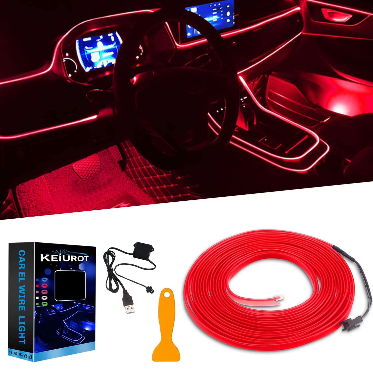 El Wire Red Neon Lights 16FT/5M Car Interior Led Strip Light USB 5V for Car Garden Party Decoration