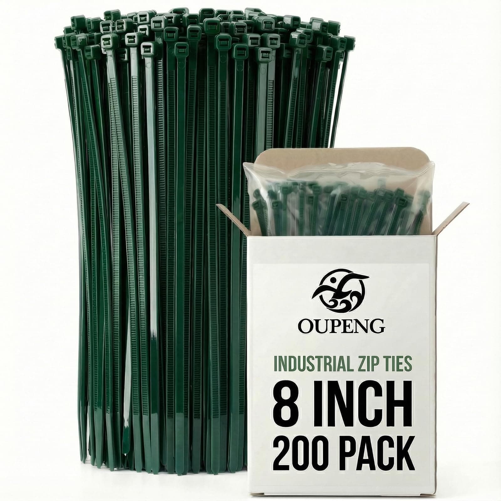 200PCS Nylon Zip Ties - 8 Inch Green,Multi-Purpose Self Locking Cable Ties,Ultra Strong Plastic Wire Ties with 40lb Tensile Strength,Cable Ties for Indoor and Outdoor Use