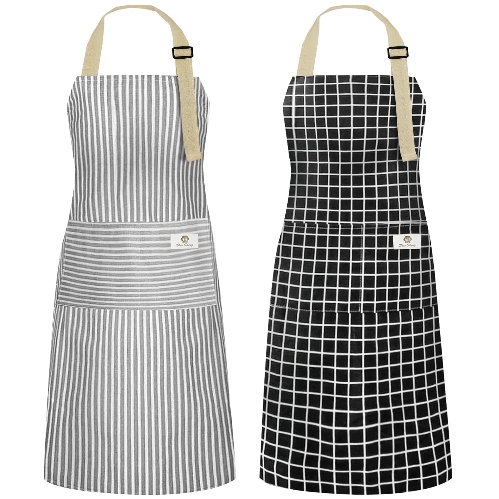 NLUS 2 Pack Kitchen Cooking Aprons, Adjustable Bib Waterproof Chef Apron with 2 Pockets for Men Women(Grey Stripe/Black Plaid)