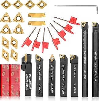 Indexable Lathe Turning Tool 21Pcs Kit 5/8'' 16mm Shank 7 Pcs Metal Lathe Tool Holder Set with 14 Pcs Turning Inserts for Turning Grooving Threading Boring Carbide Inserts Carbide Turning Tool