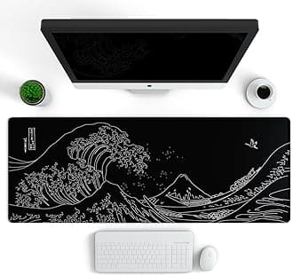 Ovenbird Gaming Mouse Pad with Stitched Edges, Japanese Sea Wave Large Extended XL Anime Mousepad Gaming with Anti-Slip Base, Cool Black and White Mouse Pad for Desk, 31.5 x 11.8 in, Black