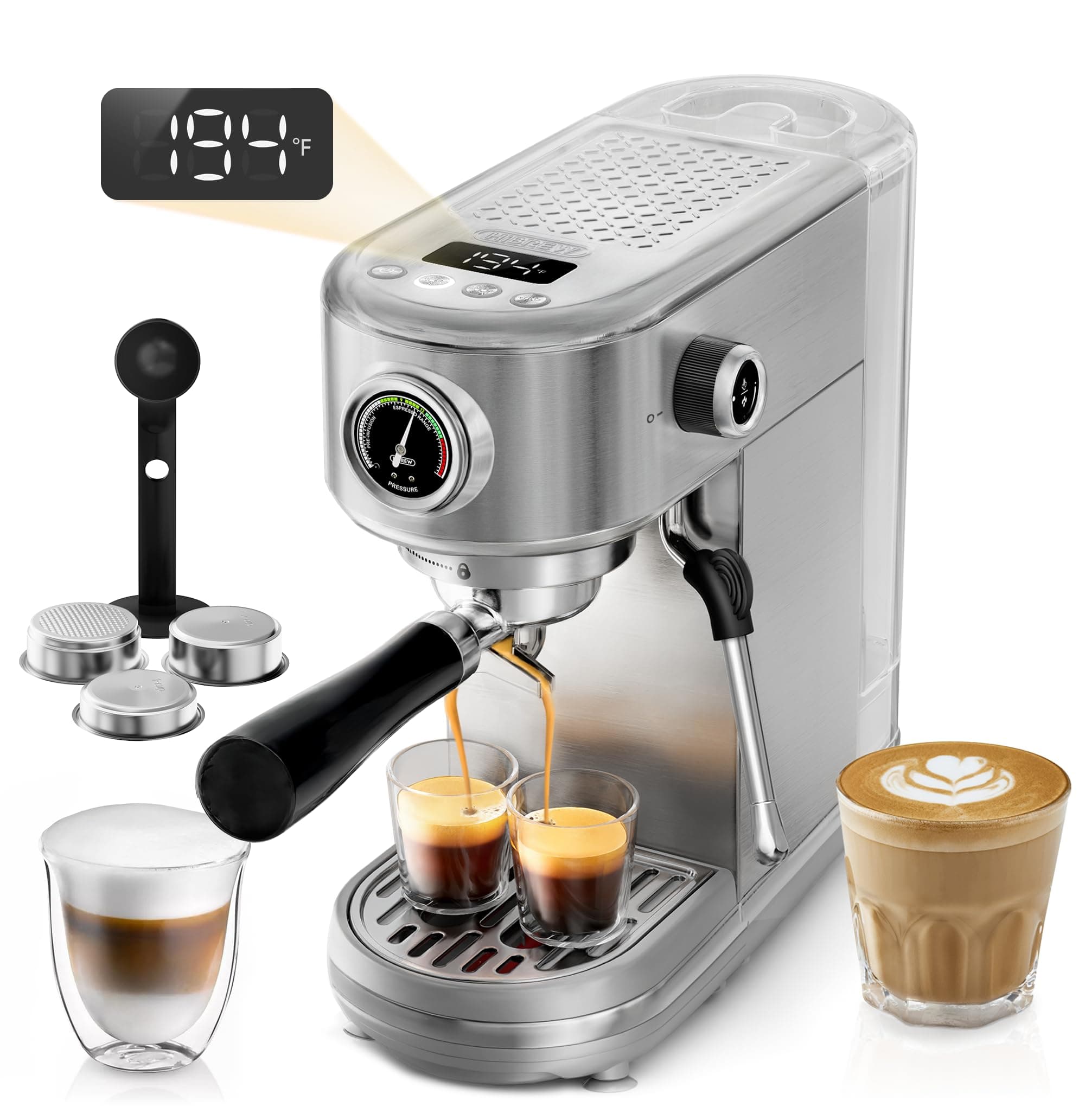 H10B - Professional Espresso Machine - Cappuccino Maker with Milk Frother, Adjustable Temperature & Cup Volume, with Display, Pressure Gauge & Stainless Steel Body