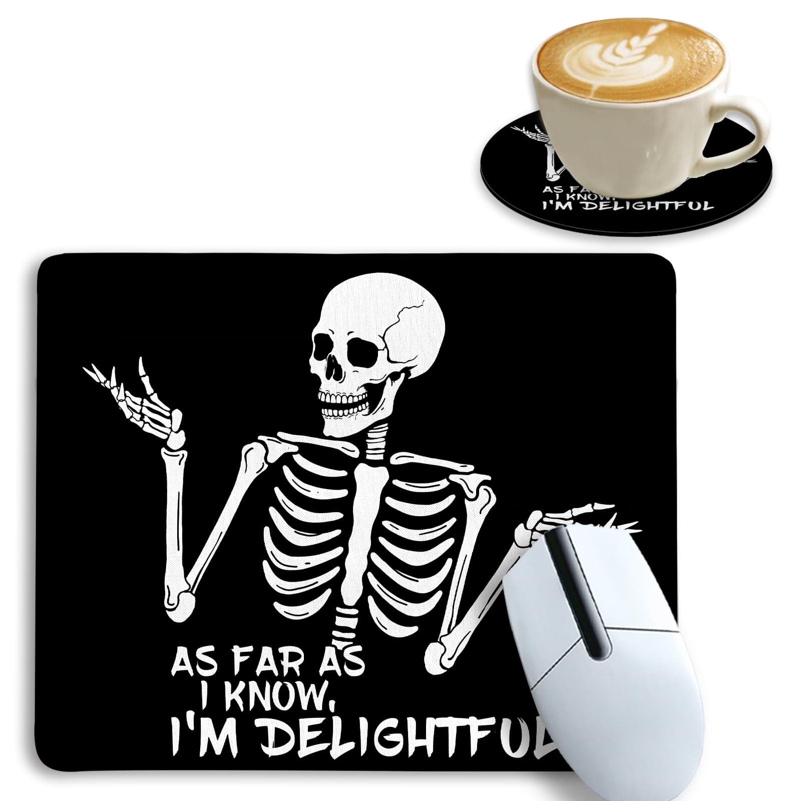 Funny Skull Square Mouse Pad for Desk, Skeleton Gaming Mousepad for Laptop, Stitched Edge Non-Slip Rubber Base Computer Mouse Mat with Coaster, Office Home Working Accessories