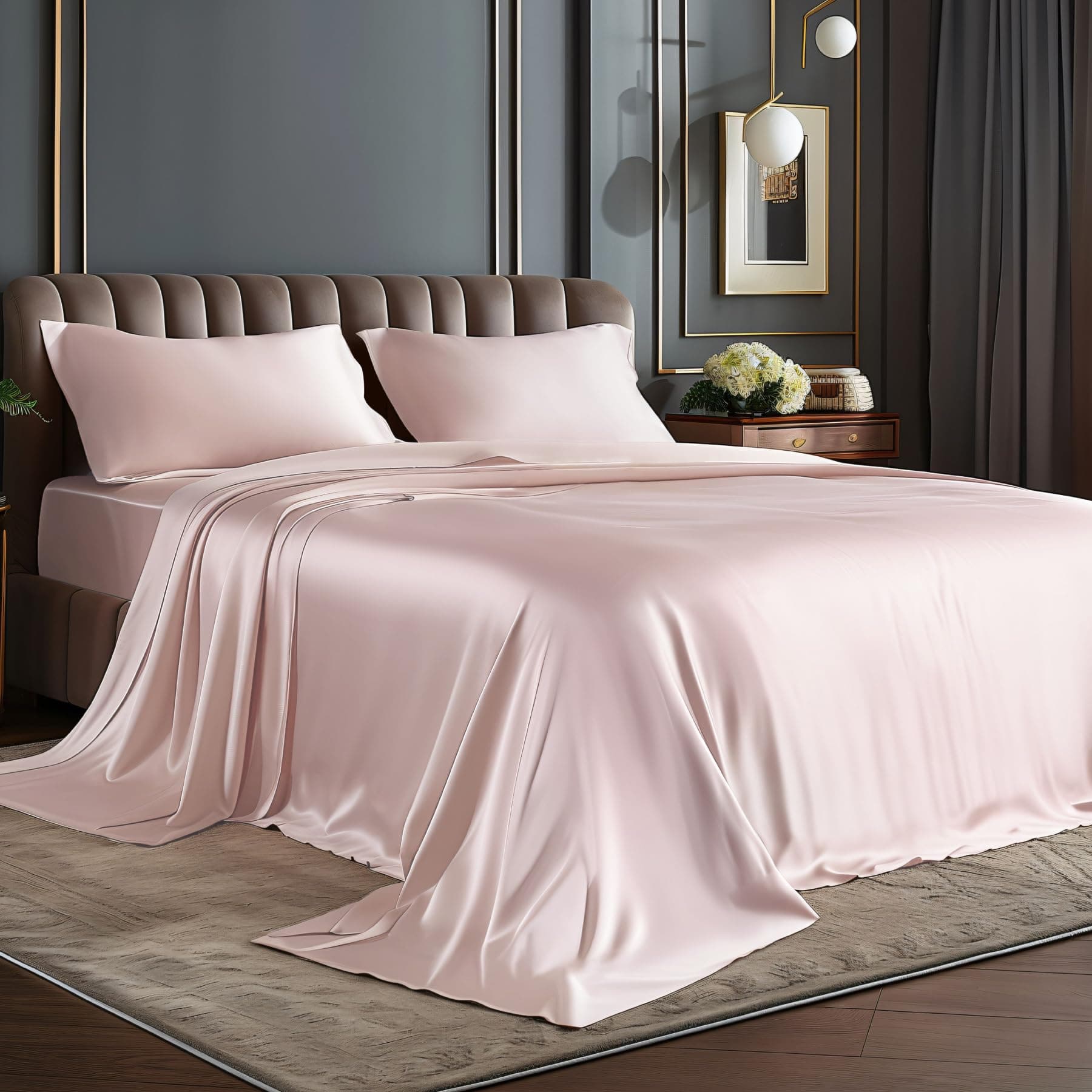 BEDELITE Satin Sheets Queen Size Bed Set, Luxury Soft Pink Silky Sheets for Hair and Skin, Similar to Silk Bed Sheets Set 4 Pieces with 1 Deep Pocket Fitted Sheet, 1 Flat Sheet, and 2 Pillowcases