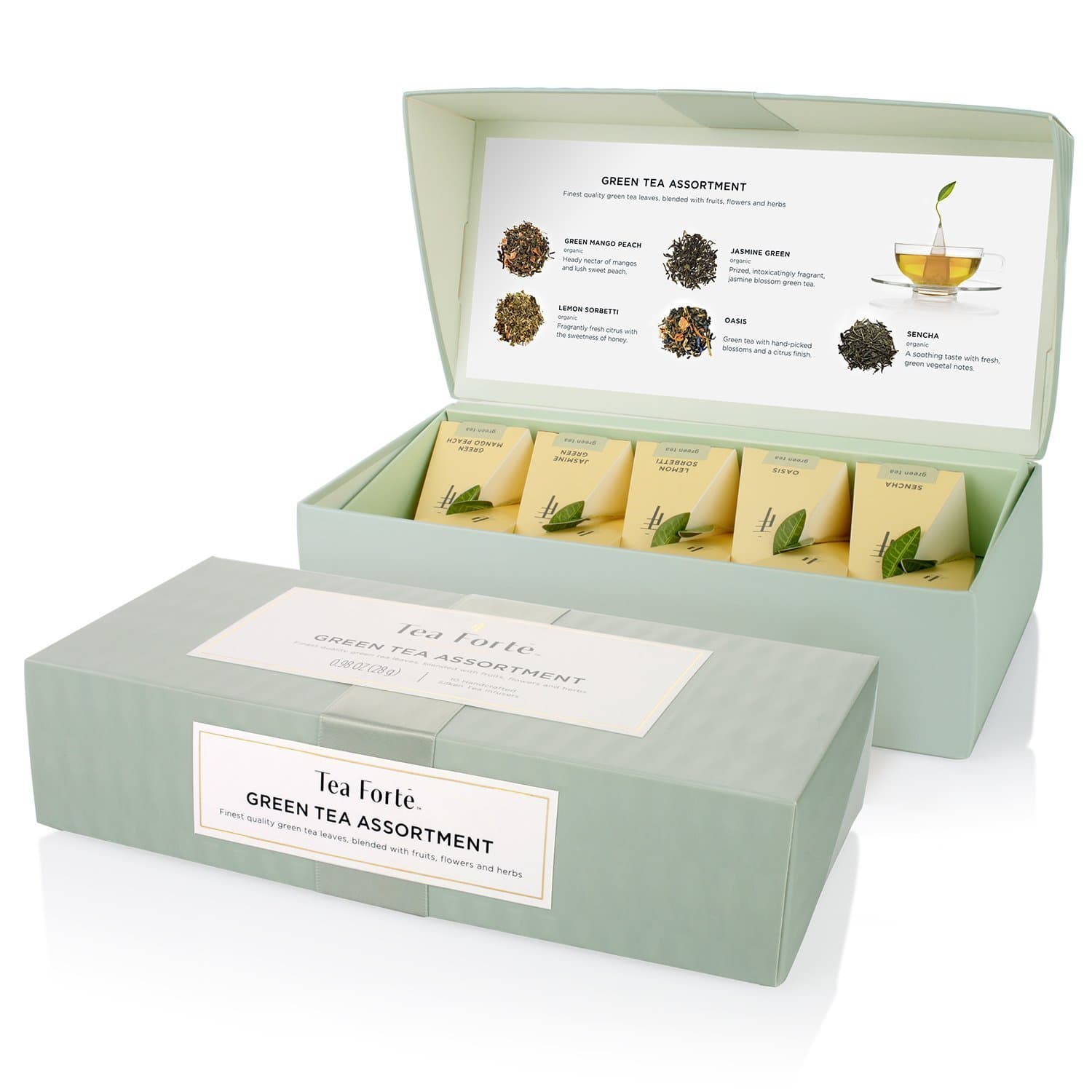 Tea Forte Green Tea Assortment, Petite Presentation Box Tea Sampler Gift Set with 10 Handcrafted Pyramid Tea Infusers
