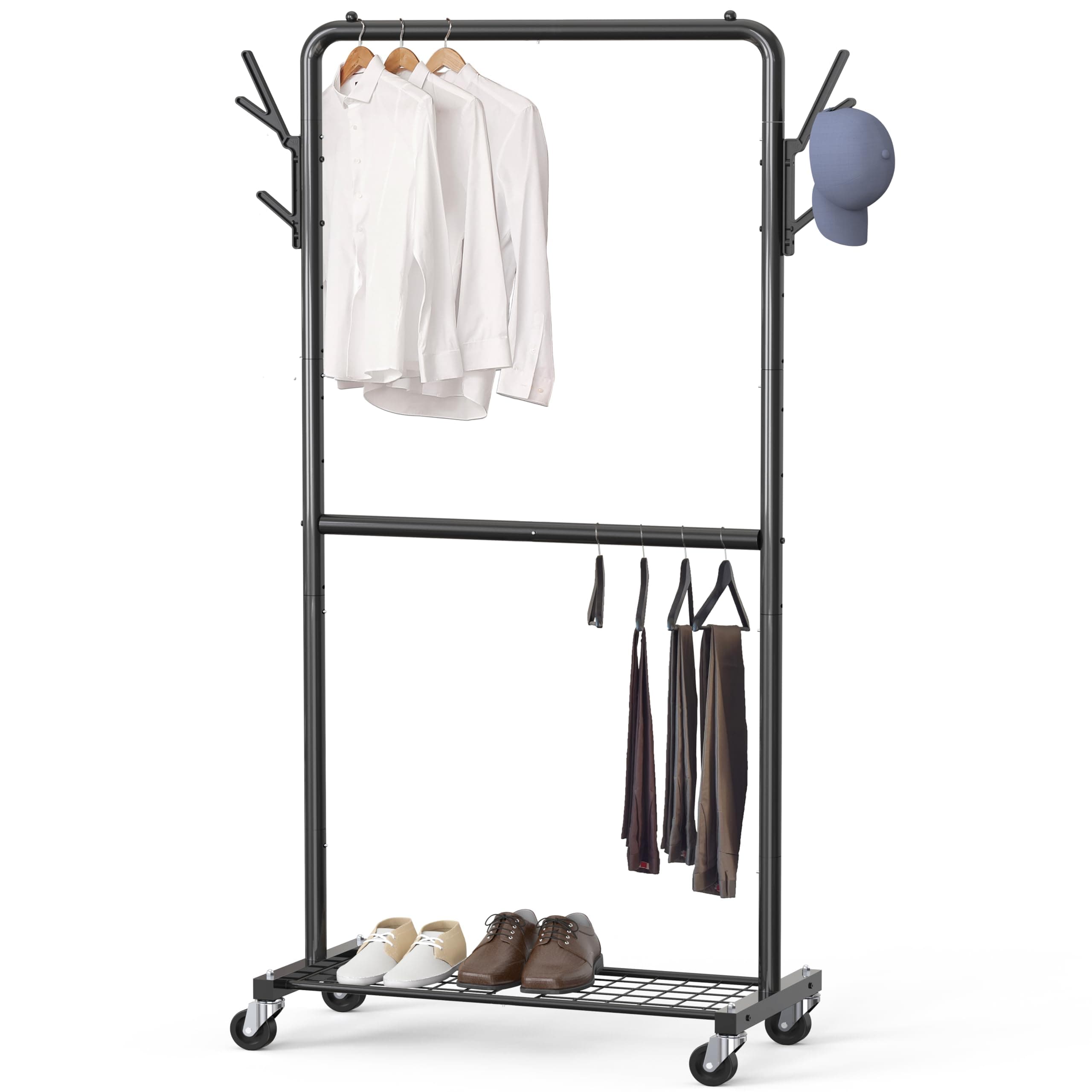 Double Rod Garment Rack with Wheels and Hooks, Black