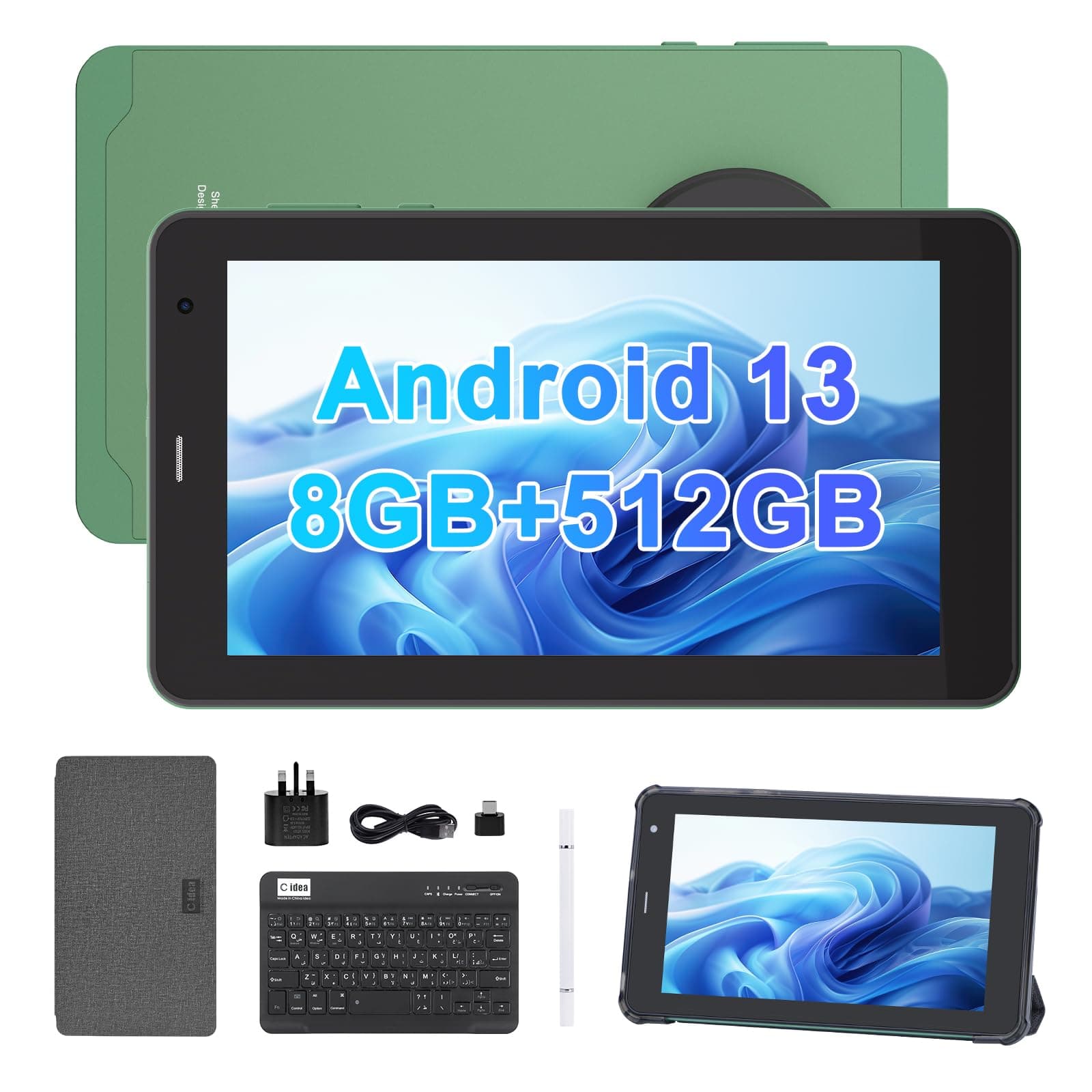 C idea 7 Inch Tablet,Android 13 Tablet,Quad Core Processor,8GB RAM 512GB ROM,512GB Expand,Dual Camera,Tablet with SIM, WiFi,Bluetooth,Case,StylusCM518 Pro (Green)