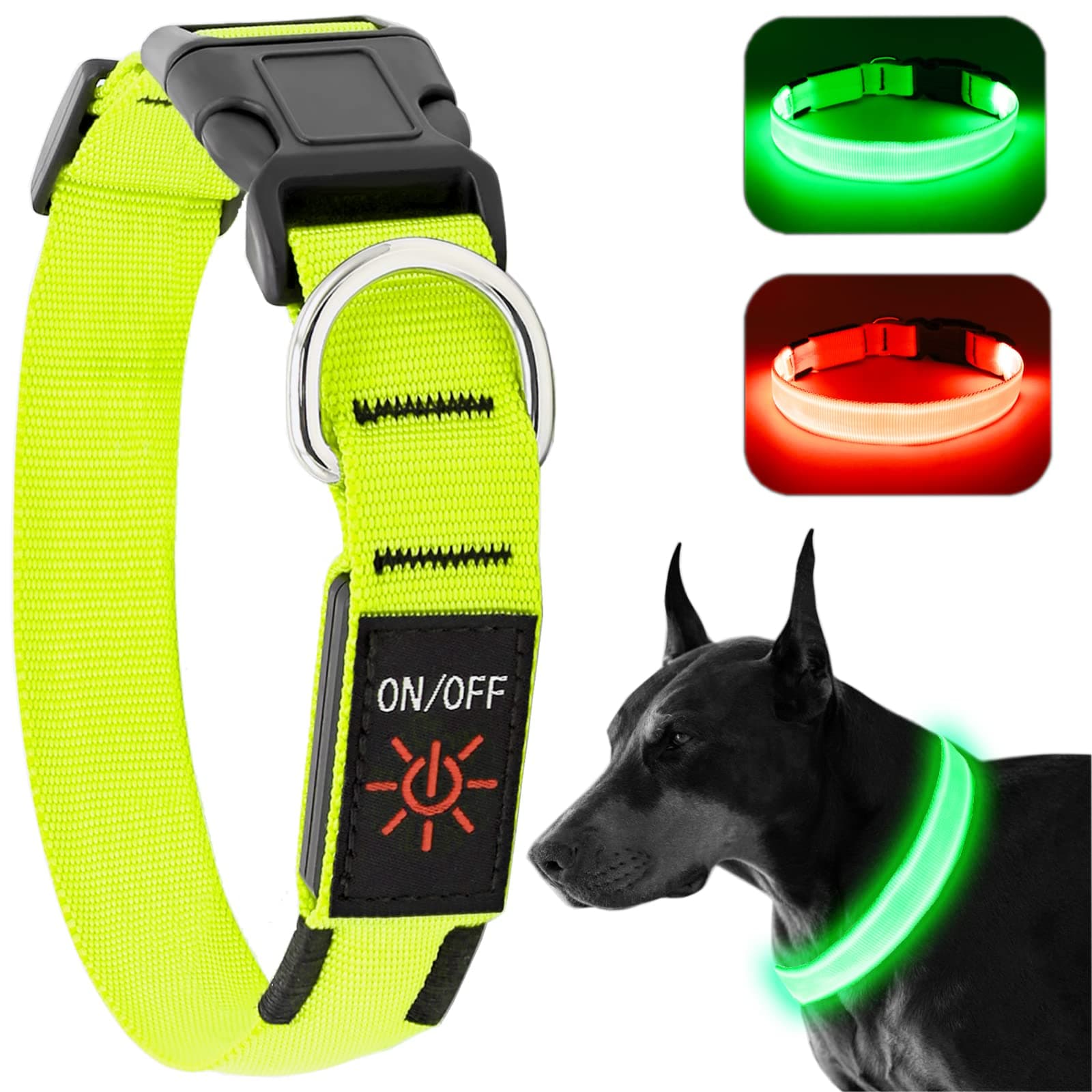 Light Up Dog Collar, Rechargeable USB Collar, Waterproof, Luminous LED Collar, Adjustable, Super Bright, Night Walking for Small Medium Large Dogs, Green, M