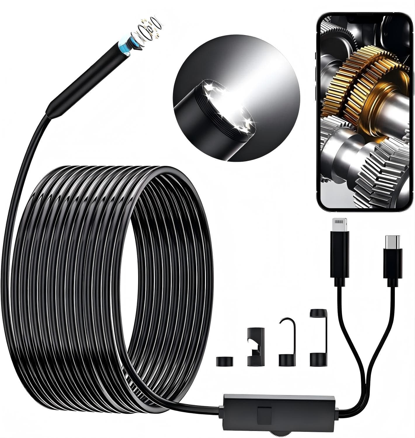 Endoscope Camera with Light,1920P HD Borescope, IP67 Waterpro of Inspection Snake Camera for Drain/Plumbing/Wall Automotive Engine, Semi-Rigid with 8 LED Lights, for iOS/Android,16.4ft
