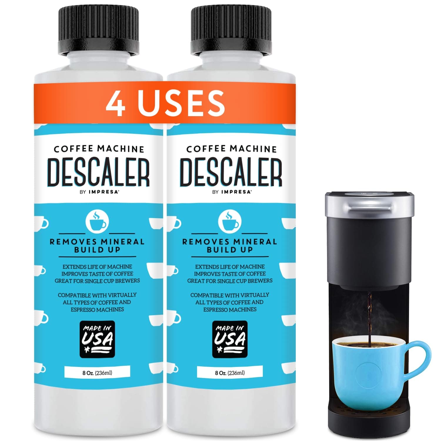 IMPRESA Descaler (2 Pack, 2 Uses Per Bottle) - Made in the USA - Universal Descaling Solution for Keurig, Nespresso, Delonghi and All Single Use Coffee and Espresso Machines