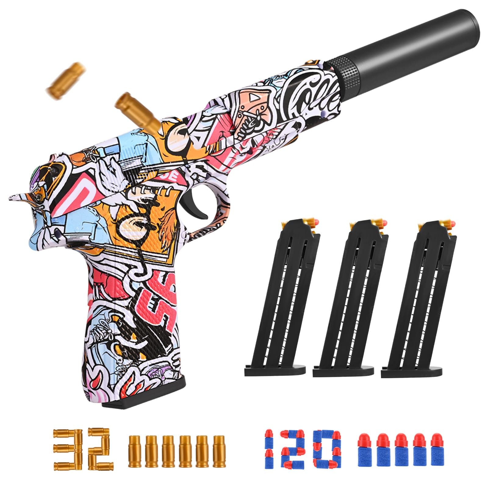 Deruaku Toy Gun, Foam Blaster, Plastic Shell Ejecting Pistol Blaster with 120 Soft Bullet, 3 Cartridge Cases and 32 Magazine, Kids Gun for Shooting Game, Present Boys/Girls 4-12 Years Old