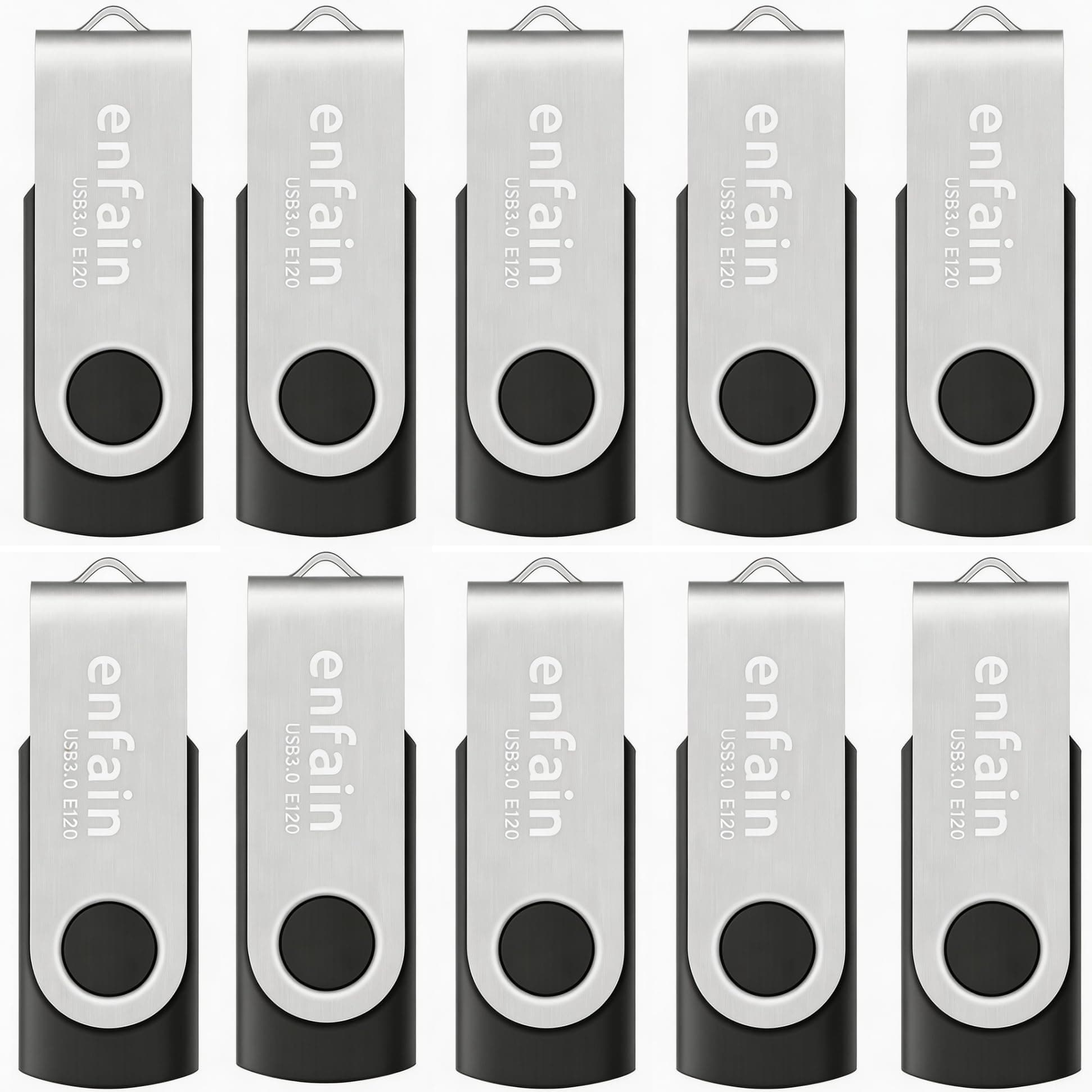 Enfain USB 3.0 32GB Flash Drive Shareable 10 Pack for Universal Data Storage at Home & The Office, Write Speed 25MB/s, Read Speed up to 90MB/s (Black)