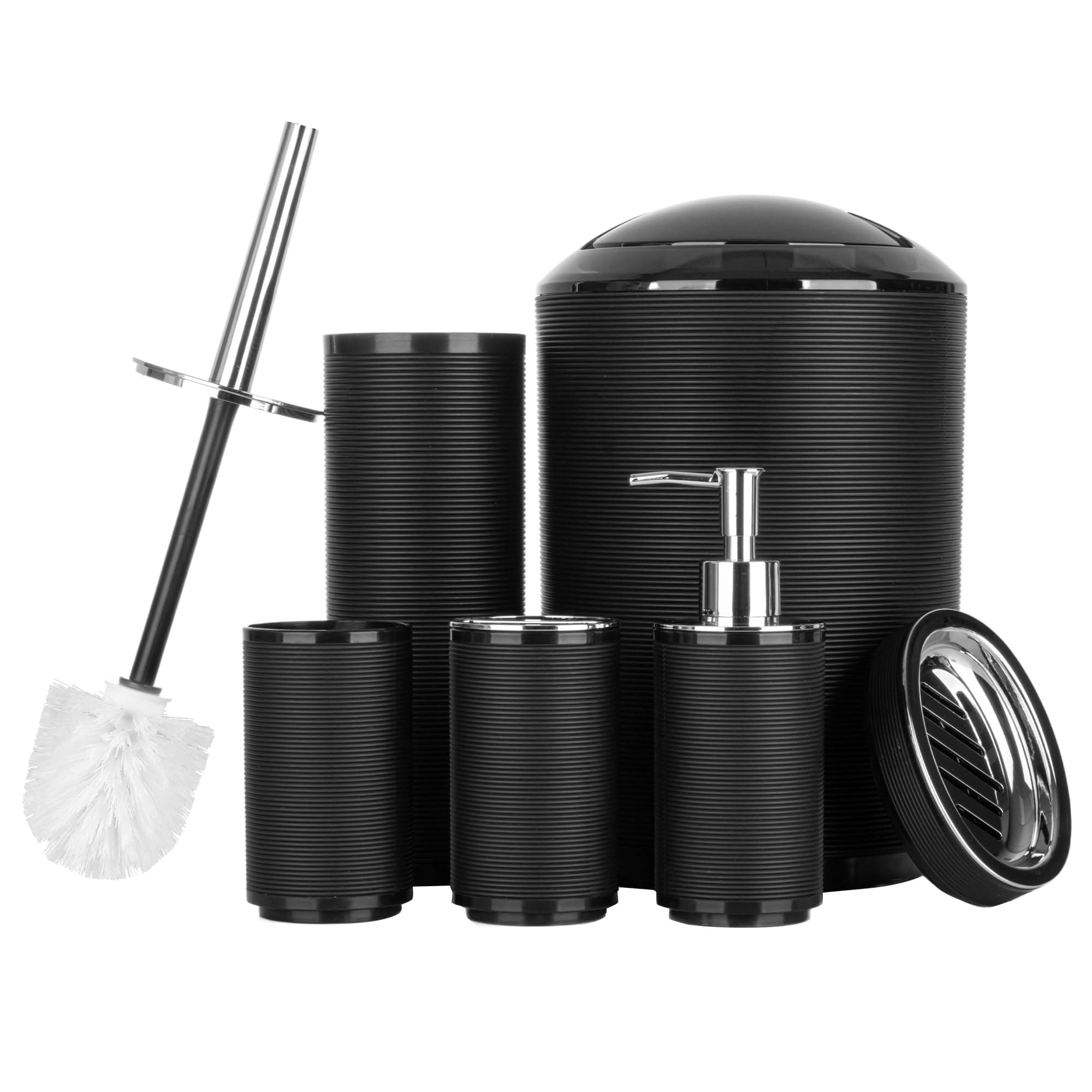 Fun Memories Bathroom Accessories Set 6 Piece Bath Ensemble Includes Toothbrush Holder, Soap Dispenser for Decorative Countertop and Housewarming Gift, Black