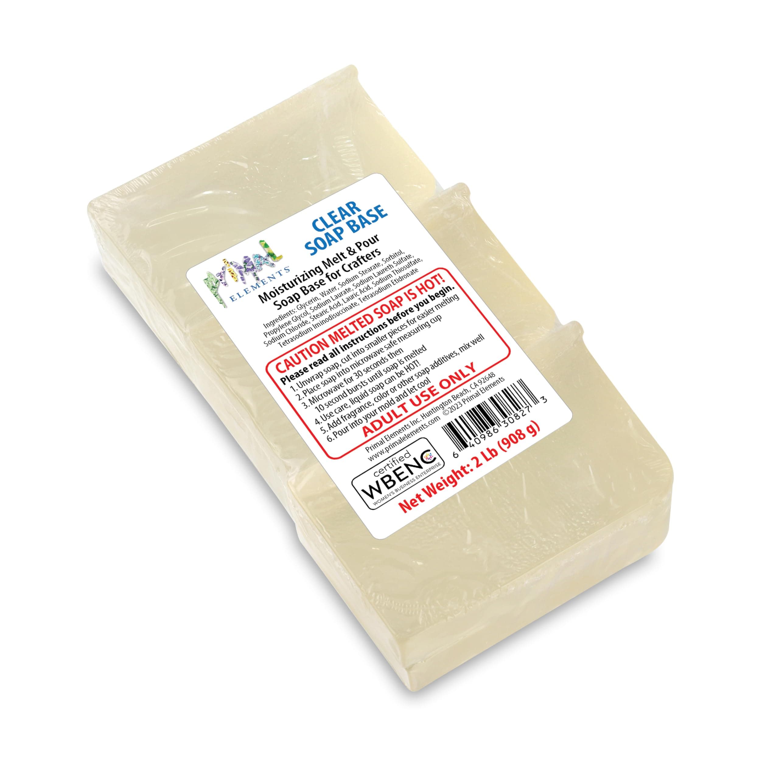 Primal Elements Clear Soap Base - Moisturizing Melt and Pour Glycerin Soap Base for Crafting and Soap Making, Vegan, Cruelty Free, Easy to Cut, Unscented - 2 Pound