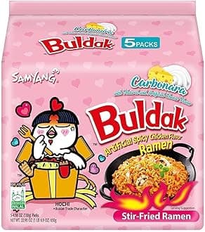 Buldak Spicy Ramen, Carbonara Hot Chicken Ramen, Korean Stir-Fried Instant Noodle, 5 Pack