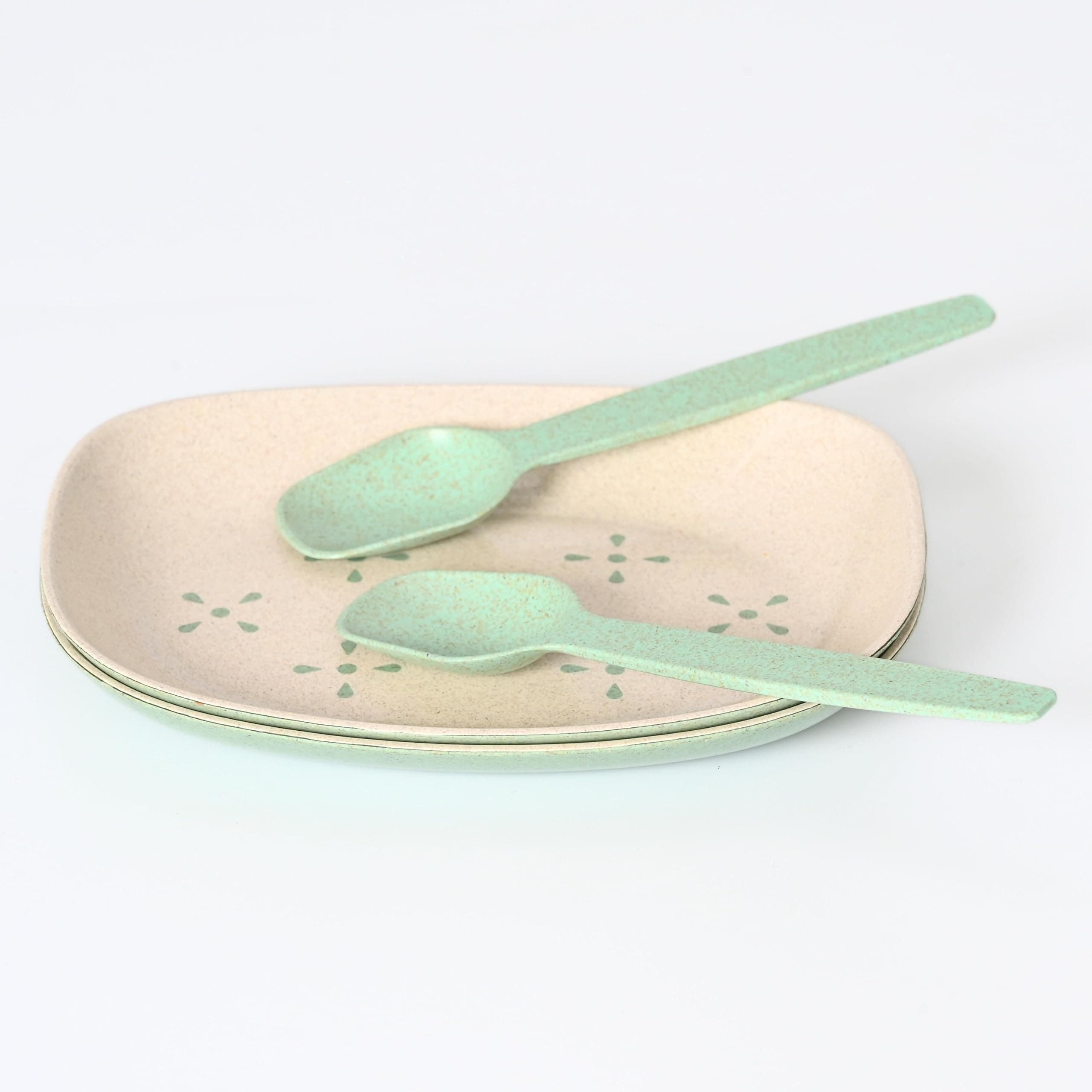 Eha Earth-Friendly Small Snack Serving Plates Set of 2 with Spoons | 6 inch | Small Snack Plates Made with Bamboo Fibers & Rice Husk Fiber | Microwave Safe | Dessert Plates | Celeste