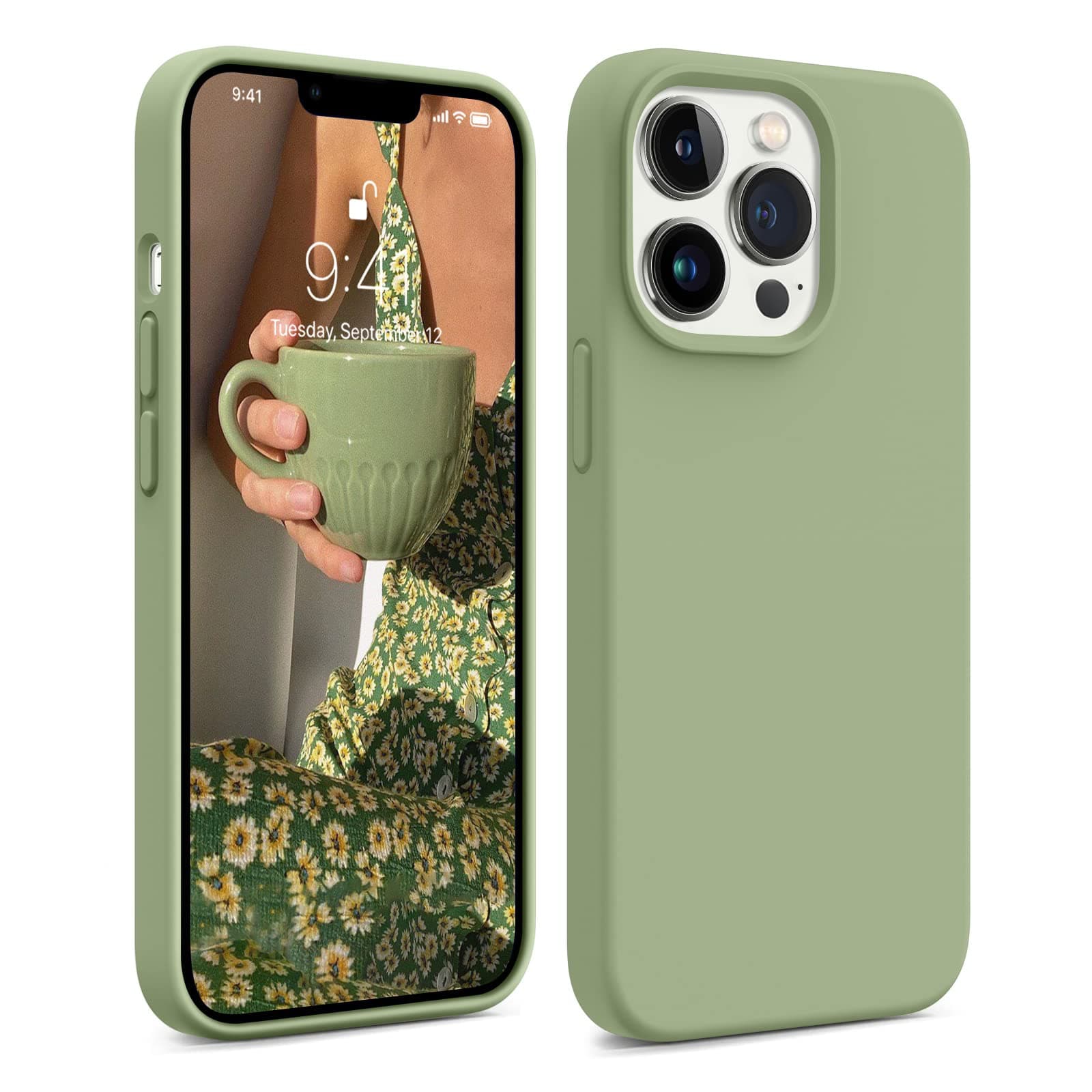 AOTESIER Compatible with iPhone 13 Pro Phone Case, [Military Shockproof Protection] Liquid Silicone Case with [Soft Anti-Scratch Microfiber Lining] Camera & Screen Protection 6.1 inch, Tea Green
