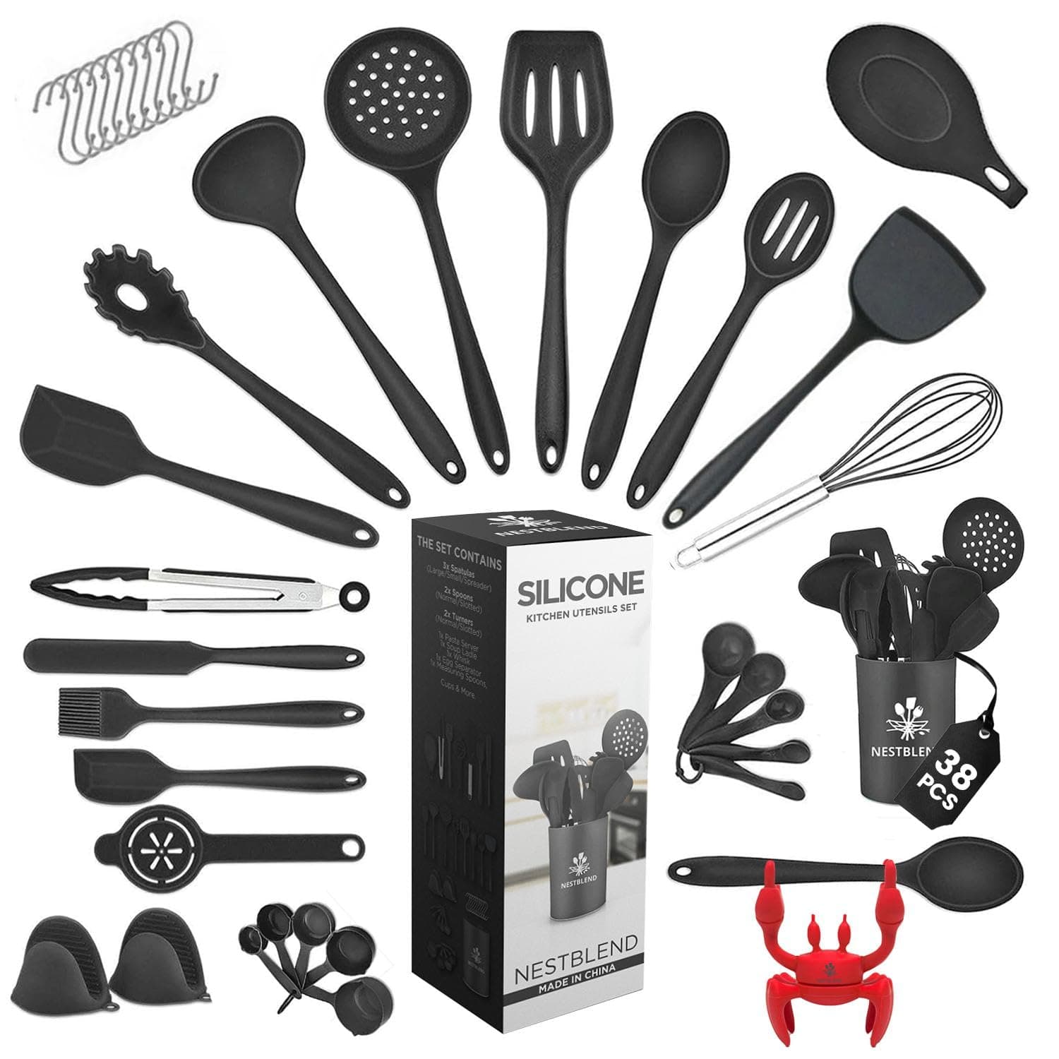 Nonstick Kitchen Utensils Set - Silicone Kitchen Cookware Gadgets with Holder - Spoon Holder - Heat Resistant - Dishwasher Safe - BPA Free - 38 Pieces (Black)