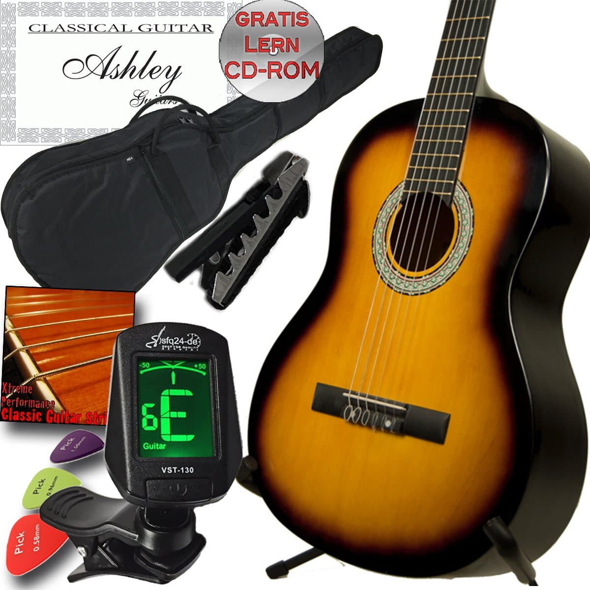 Ashley Left Hand Students and beginners Classical Strings Classical guitar SET Sunburst 3/4 with Case, Tuner, Capo, 3x Plectrums and Learning CDROM