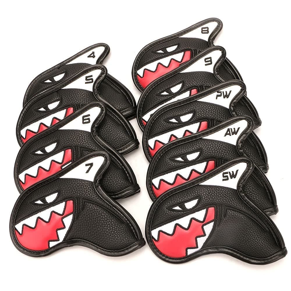 Scott Edward 9pcs Golf Iron Head Covers Black Shark Shape PU Leather Club Head Covers Set 4-9/A/P/S