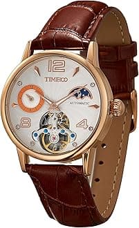 TIME100Men's Automatic Watch Navigator-Series Tourbillon-Style Dual Time Zone Business Calendar Mechanical Watch Leather Strap