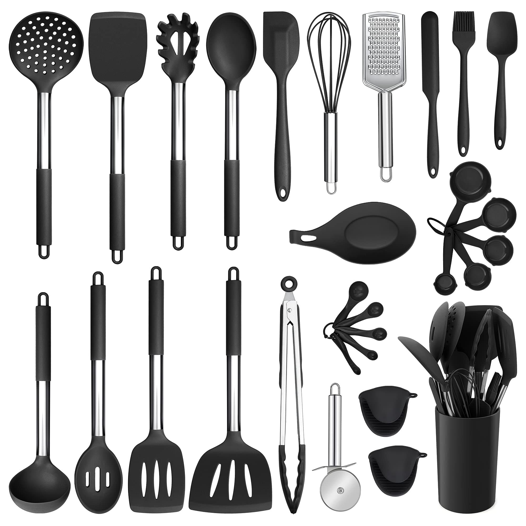 E-far Silicone Kitchen Utensils Set, 30-Piece Cooking Utensils Set with Holder, Heat Resistant Kitchen Spatulas Turner Tong Spoon Whisk Ladle for Nonstick Cookware, Stainless Steel Handle (Black)