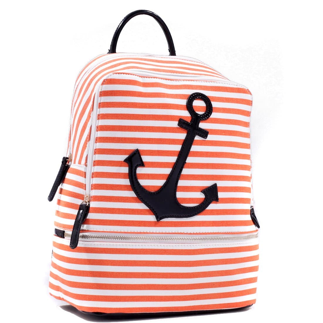 Dasein Anchor Canvas Striped Backpack with Adjustable Shoulder Straps - Orange Stripe