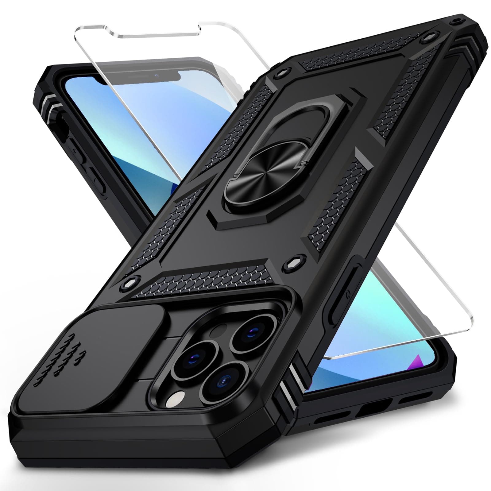 for iPhone 11 Pro Case with Camera Lens Cover HD Screen Protector, 10 FT Military Grade Drop Protection, Magnetic Ring Holder Kickstand Protective Phone Case for iPhone 11 Pro 5.8 inch, Black