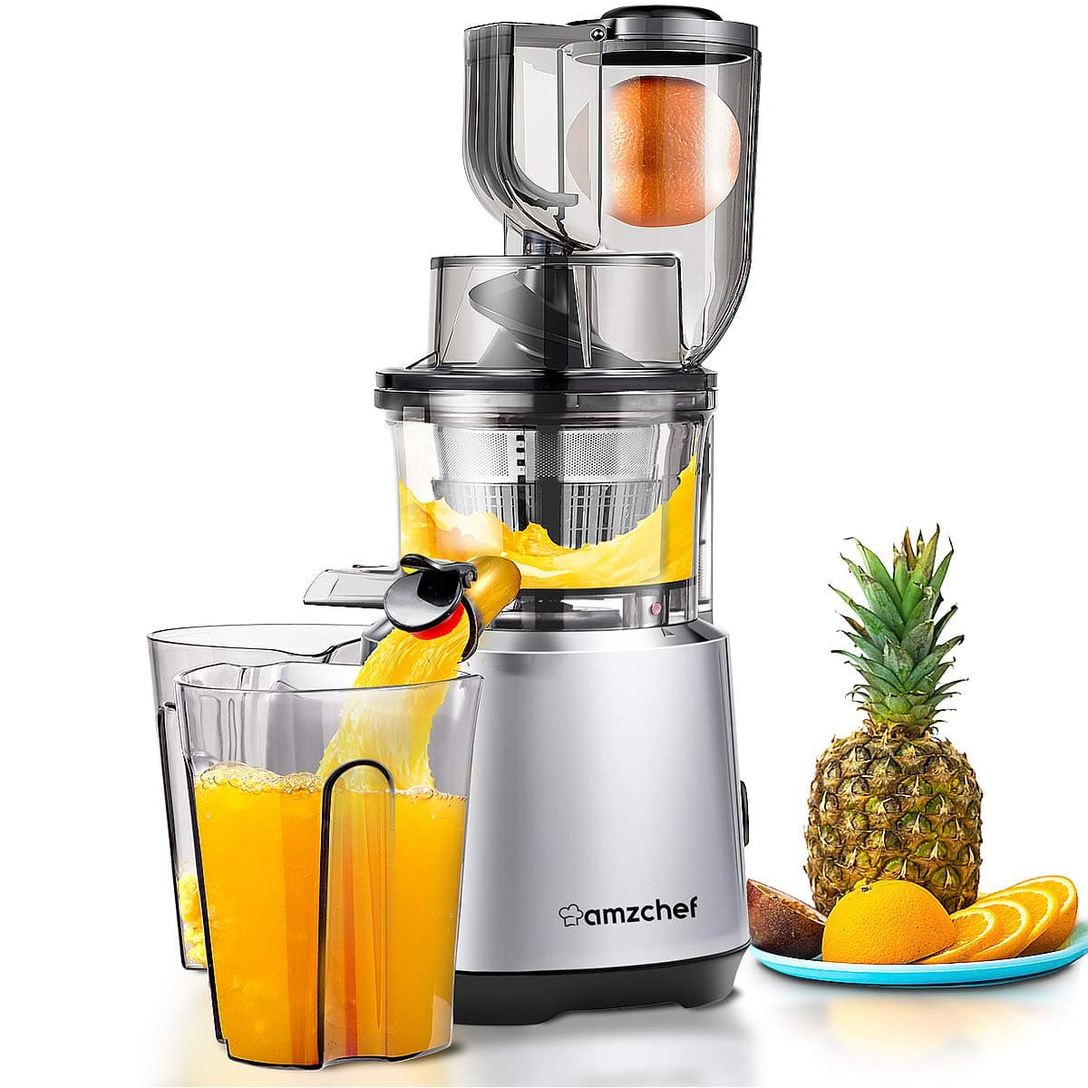 AMZCHEF Professional Slow Juicer, Vegetable & Fruit Juicer Machine, Two speeds, Silent motor ≤60dB, Cleaning brush & Juice jug Include, (150 Watts/Silver grey)
