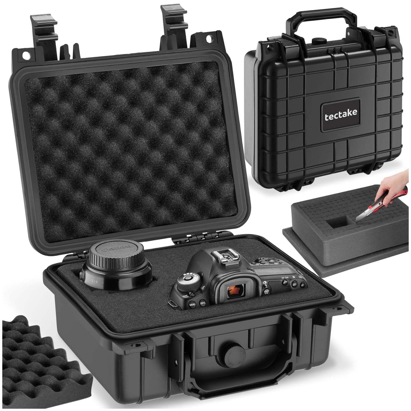 tectake® Universal Hard Case with 3 Foam Inserts, Lightweight & Robust, Shock-, Dust-, & Water-Resistant, Incl. Seal Ring, Snap Closures & Pressure Relief Valve - Ideal Camera Case & Tool Case - S