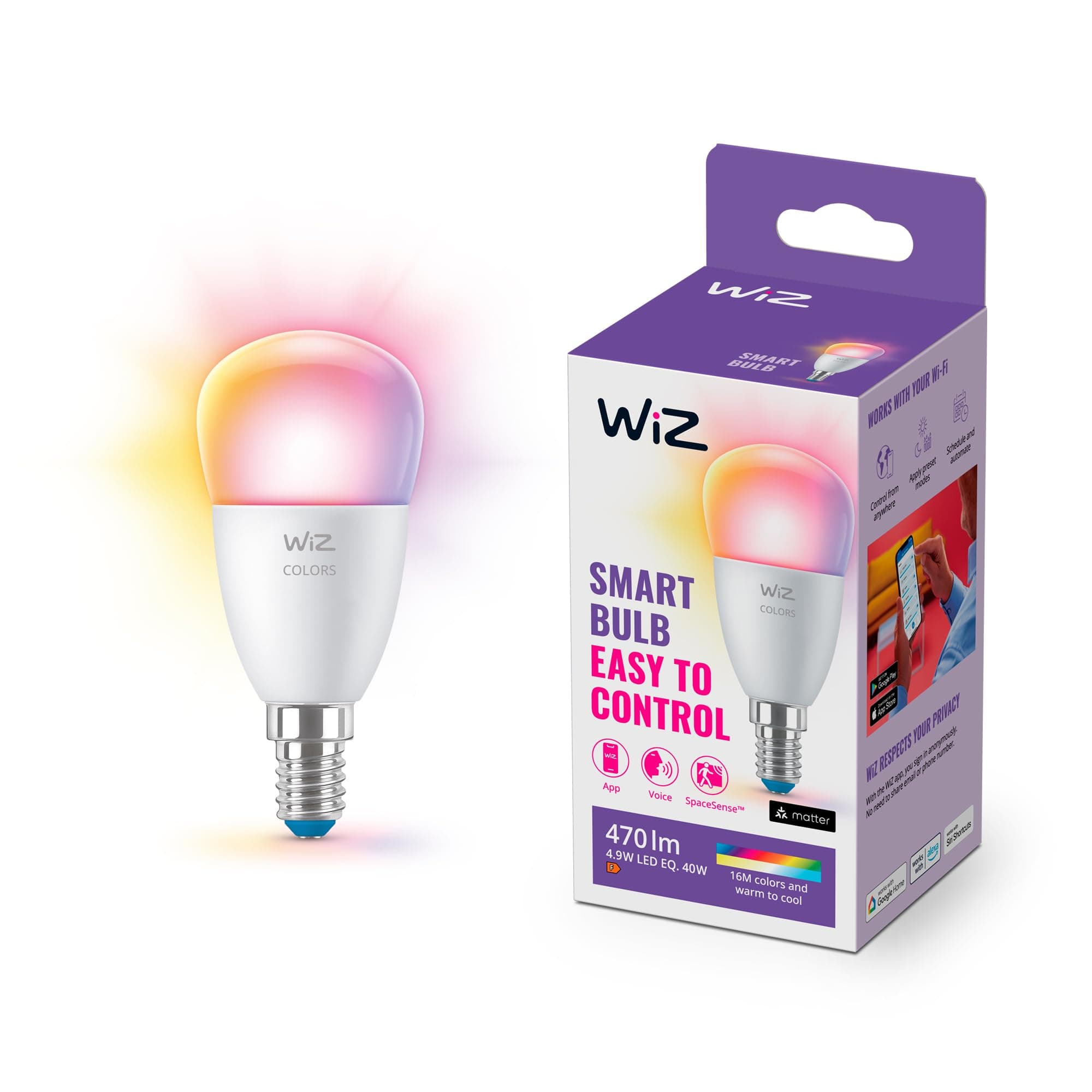 WiZ Smart Colour Bulb, E14, 4.9W, Smart Dimming, Dynamic Scenes, Connected WiFi Works with Alexa, Google Assistant & HomeKit, App Control for Home Indoor Lighting, Bedroom, Energy Monitoring